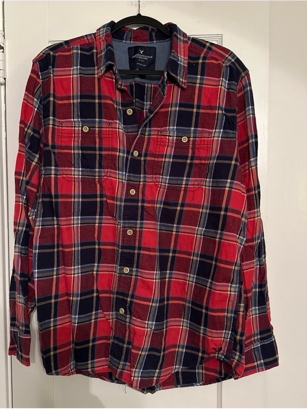 American Eagle Outfitters Men’s Red and Navy Plaid Button-Down Shirt